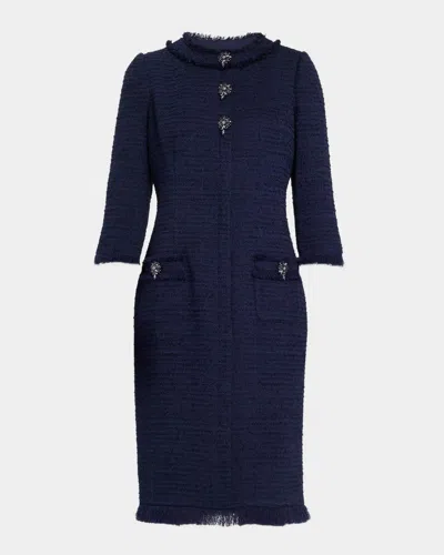Rickie Freeman For Teri Jon Fringe-trim Stretch Boucle Dress In Blue