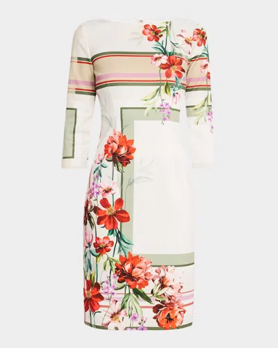 Rickie Freeman For Teri Jon Geometric & Floral-print Scuba Dress In White Multi
