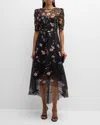 Rickie Freeman For Teri Jon High-low Floral-embroidered Tulle Maxi Dress In Black Mult