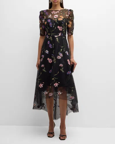 Rickie Freeman For Teri Jon High-low Floral-embroidered Tulle Maxi Dress In Black Mult