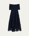 Rickie Freeman For Teri Jon Off-shoulder Floral Lace Midi Dress In Blue