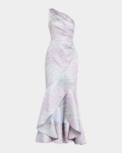 Rickie Freeman For Teri Jon High-low Metallic Jacquard Gown In Pink Silver