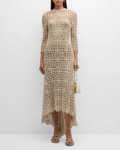 Rickie Freeman For Teri Jon High-low Stretch Crochet Maxi Dress In Beige