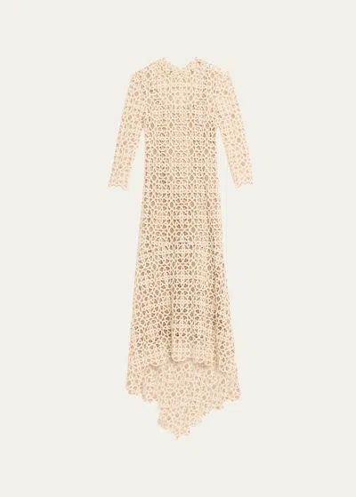 Rickie Freeman For Teri Jon High-low Stretch Crochet Maxi Dress In Beige