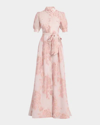 Rickie Freeman For Teri Jon Jacquard Short-sleeve Collared Gown In Pink