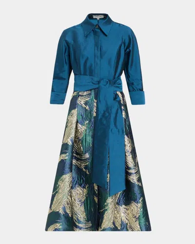 Rickie Freeman For Teri Jon Jacquard Taffeta Midi Shirtdress In Blue