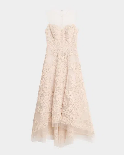 Rickie Freeman For Teri Jon Macrame-embroidered Illusion Maxi Dress In Cream