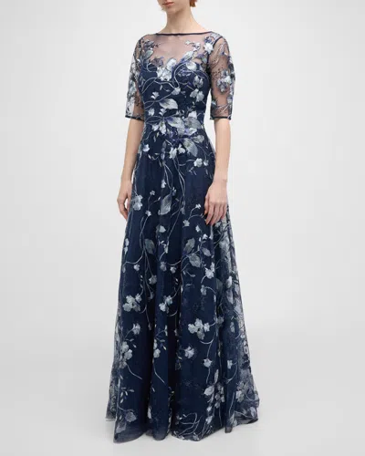 Rickie Freeman For Teri Jon Metallic Embroidered Tulle Gown In Navy Silve