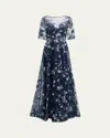 Rickie Freeman For Teri Jon Metallic Embroidered Tulle Gown In Navy Silve