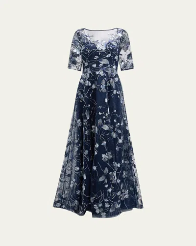 RICKIE FREEMAN FOR TERI JON METALLIC EMBROIDERED TULLE GOWN