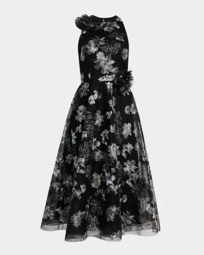 Rickie Freeman For Teri Jon Metallic Floral-embroidered Tulle Midi Dress In Black Silv