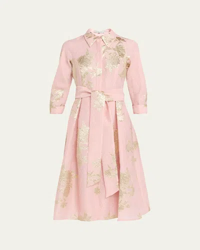 Rickie Freeman For Teri Jon Metallic Floral Jacquard Midi Shirtdress In Pink