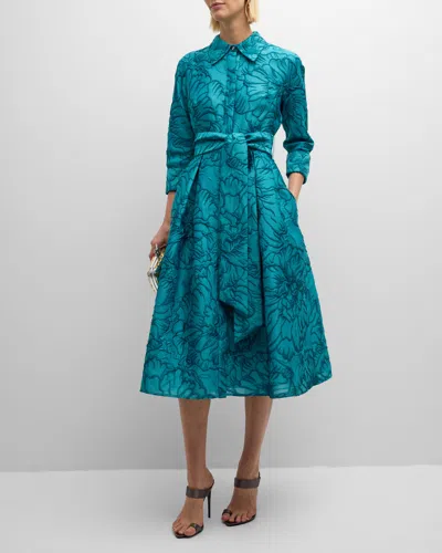 Rickie Freeman For Teri Jon Metallic Floral Jacquard Midi Shirtdress In Teal