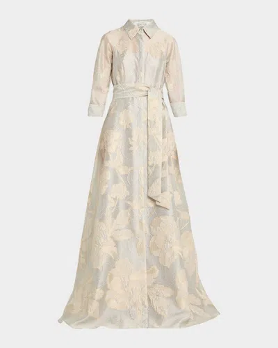 Rickie Freeman For Teri Jon Metallic Floral Jacquard Shirt Gown In Neutral