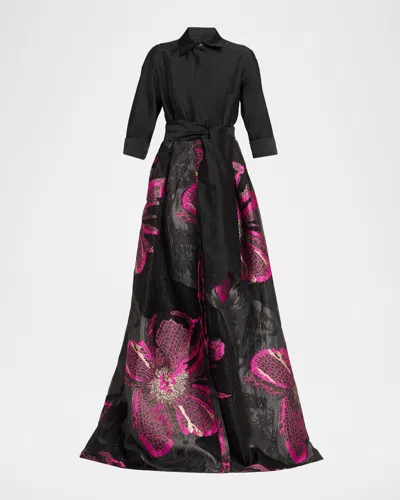 Rickie Freeman For Teri Jon Metallic Floral Jacquard Shirt Gown In Multi