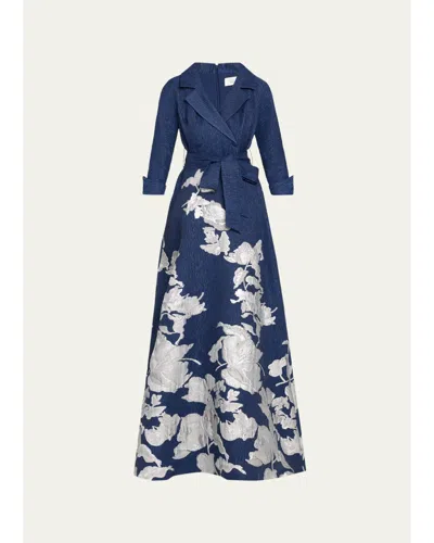 Rickie Freeman For Teri Jon Metallic Floral Jacquard Shirt Gown In Blue