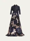 Rickie Freeman For Teri Jon Metallic Floral Organza Shirt Gown In Navy Multi