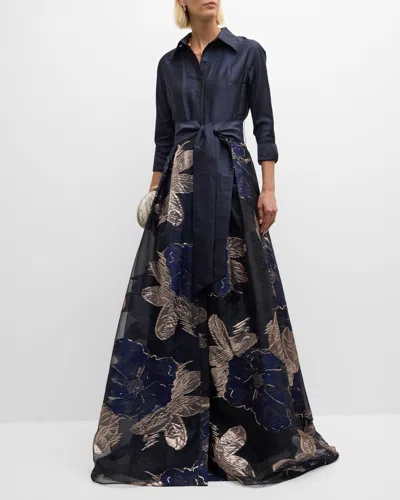 Rickie Freeman For Teri Jon Metallic Floral Organza Shirt Gown In Navy Multi