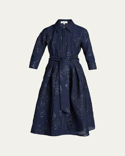 Rickie Freeman For Teri Jon Metallic Jacquard Belted Shirtdress In Blue