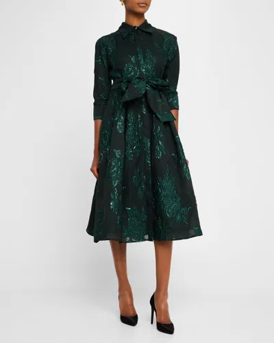 Rickie Freeman For Teri Jon Metallic Jacquard Belted Shirtdress In Emerald