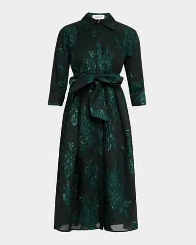 Rickie Freeman For Teri Jon Metallic Jacquard Belted Shirtdress In Green