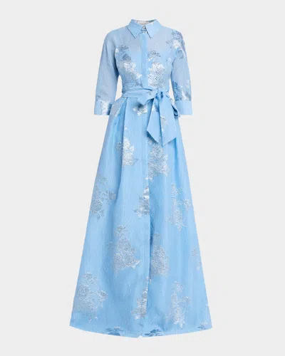 Rickie Freeman For Teri Jon Metallic Jacquard Collared Long Dress In Blue