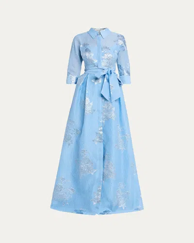 Rickie Freeman For Teri Jon Metallic Jacquard Collared Long Dress In Blue