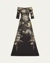 Rickie Freeman For Teri Jon Metallic Jacquard Fold Off-the-shoulder Gown In Multi