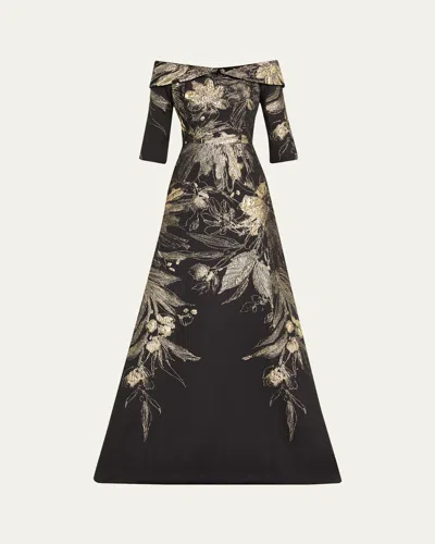 Rickie Freeman For Teri Jon Metallic Jacquard Fold Off-the-shoulder Gown In Multi