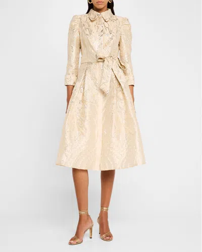 Rickie Freeman For Teri Jon Metallic Jacquard Midi Shirtdress In Gold