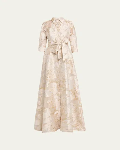 Rickie Freeman For Teri Jon Metallic Jacquard Midi Shirtdress In Neutral