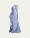 Rickie Freeman For Teri Jon Metallic Jacquard One-shoulder Side-ruffle Gown In Sky