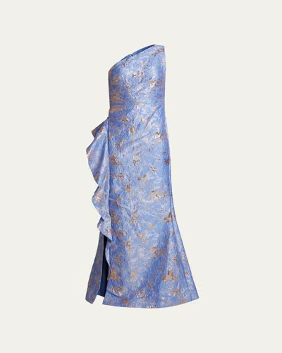 Rickie Freeman For Teri Jon Metallic Jacquard One-shoulder Side-ruffle Gown In Sky