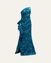 Rickie Freeman For Teri Jon Metallic Jacquard One-shoulder Side-ruffle Gown In Teal
