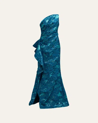 RICKIE FREEMAN FOR TERI JON METALLIC JACQUARD ONE-SHOULDER SIDE-RUFFLE GOWN