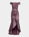 Rickie Freeman For Teri Jon Metallic Jacquard Ruffle High-low Off-shoulder Gown In Purple