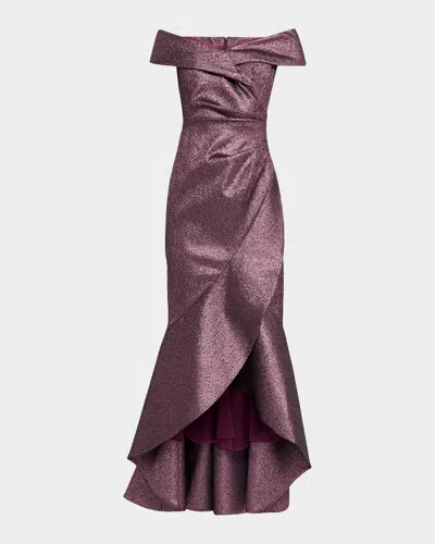 Rickie Freeman For Teri Jon Metallic Jacquard Ruffle High-low Off-shoulder Gown In Purple