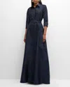 Rickie Freeman For Teri Jon Metallic Jacquard Shirt Gown In Navy