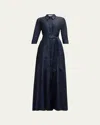 Rickie Freeman For Teri Jon Metallic Jacquard Shirt Gown In Navy