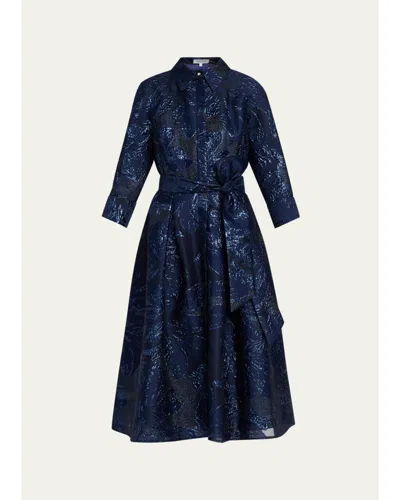 Rickie Freeman For Teri Jon Metallic Jacquard Shirtwaist Midi Dress In Blue