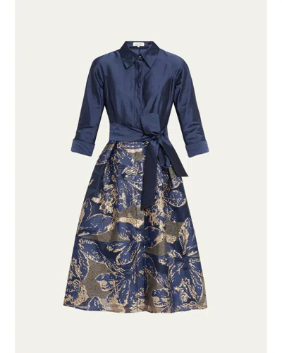 Rickie Freeman For Teri Jon Metallic Taffeta Jacquard Midi Shirtdress In Blue