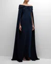 Rickie Freeman For Teri Jon Off-shoulder Crepe Cape Gown In Navy