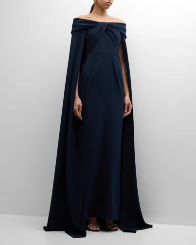 Rickie Freeman For Teri Jon Off-shoulder Crepe Cape Gown In Navy