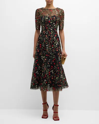 Rickie Freeman For Teri Jon Off-shoulder Embroidered Tulle Gown In Black Mult
