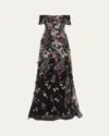 Rickie Freeman For Teri Jon Off-shoulder Embroidered Tulle Gown In Multi