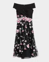 Rickie Freeman For Teri Jon Off-shoulder Embroidered Tulle Midi Dress In Black Mult
