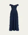 Rickie Freeman For Teri Jon Off-shoulder Floral-embroidered Tulle Gown In Navy
