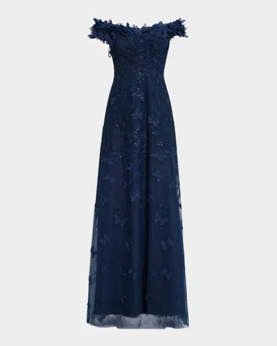 Rickie Freeman For Teri Jon Off-shoulder Floral-embroidered Tulle Gown In Navy