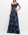 RICKIE FREEMAN FOR TERI JON OFF-SHOULDER FLORAL-EMBROIDERED TULLE GOWN
