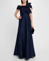 Rickie Freeman For Teri Jon Off-shoulder Floral Jacquard Bow Gown In Dark Navy